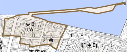 中央町とその周辺の地図。町の範囲を重ねている