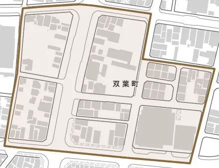 双葉町とその周辺の地図。町の範囲を重ねている