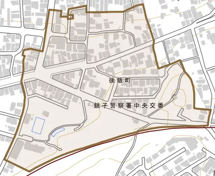 後飯町とその周辺の地図。町の範囲を重ねている