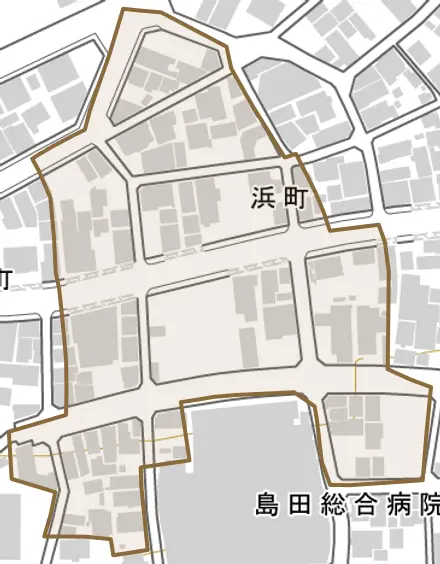 浜町とその周辺の地図。町の範囲を重ねている
