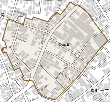 橋本町とその周辺の地図。町の範囲を重ねている