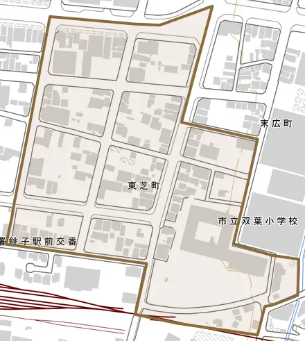 東芝町とその周辺の地図。町の範囲を重ねている