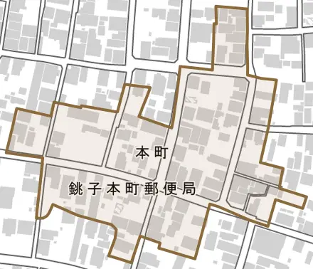 本町とその周辺の地図。町の範囲を重ねている