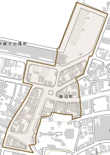 飯沼町とその周辺の地図。町の範囲を重ねている