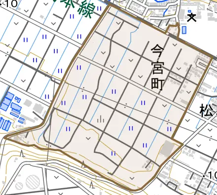 今宮町とその周辺の地図。町の範囲を重ねている