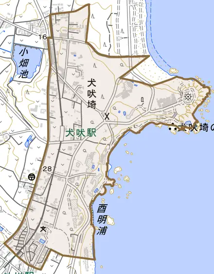 犬吠埼とその周辺の地図。町の範囲を重ねている