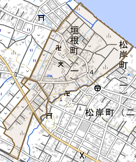 垣根町とその周辺の地図。町の範囲を重ねている