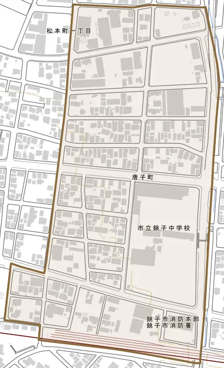 唐子町とその周辺の地図。町の範囲を重ねている