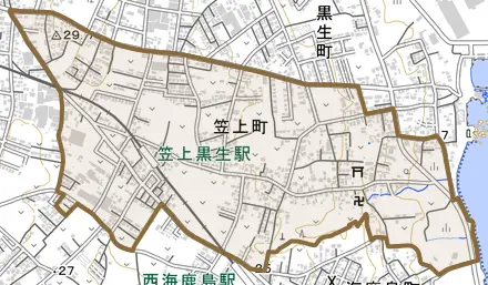 笠上町とその周辺の地図。町の範囲を重ねている