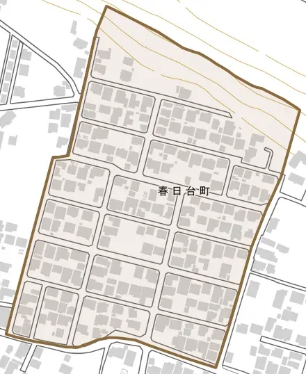 春日台町とその周辺の地図。町の範囲を重ねている
