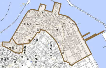 川口町とその周辺の地図。町の範囲を重ねている