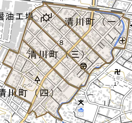 清川町とその周辺の地図。町の範囲を重ねている