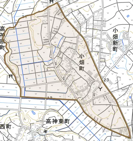 小畑町とその周辺の地図。町の範囲を重ねている