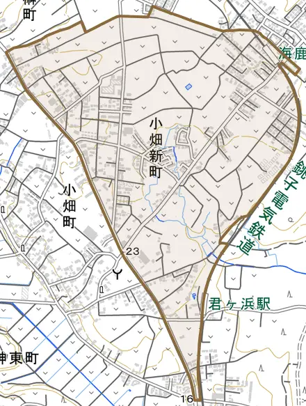 小畑新町とその周辺の地図。町の範囲を重ねている