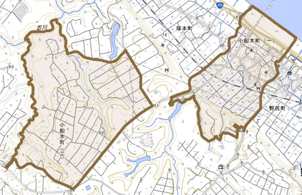 小船木町とその周辺の地図。町の範囲を重ねている