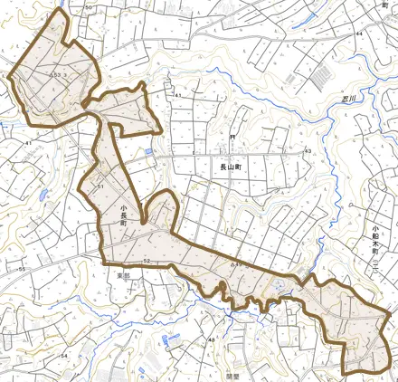 小長町とその周辺の地図。町の範囲を重ねている