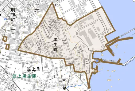 黒生町とその周辺の地図。町の範囲を重ねている
