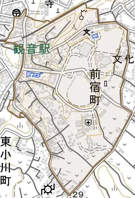 前宿町とその周辺の地図。町の範囲を重ねている