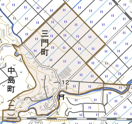 三門町とその周辺の地図。町の範囲を重ねている