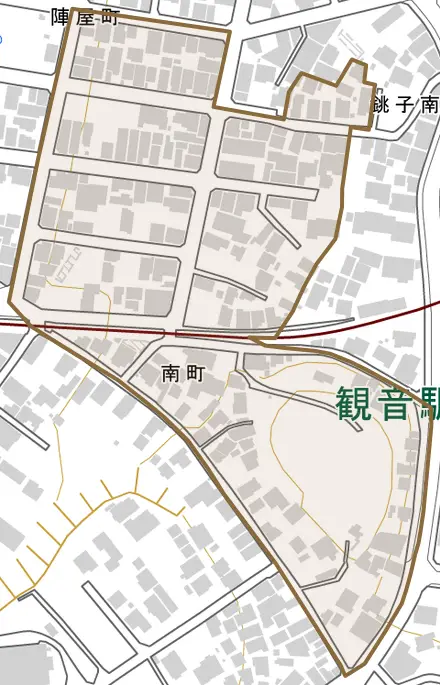 南町とその周辺の地図。町の範囲を重ねている