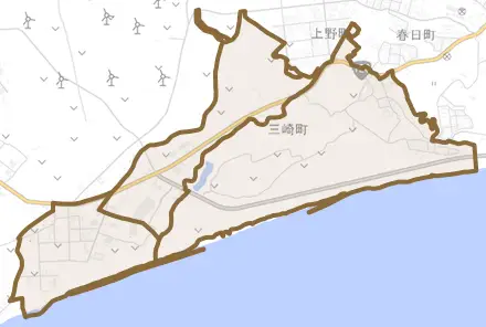 三崎町とその周辺の地図。町の範囲を重ねている
