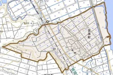 宮原町とその周辺の地図。町の範囲を重ねている