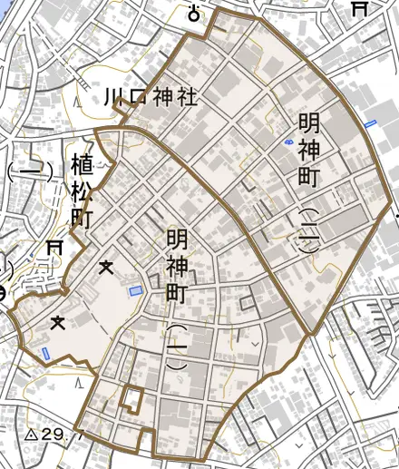 明神町とその周辺の地図。町の範囲を重ねている