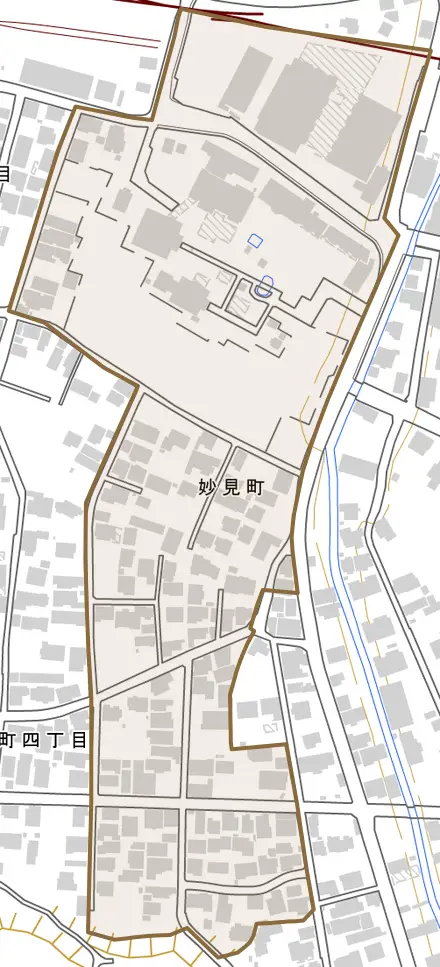 妙見町とその周辺の地図。町の範囲を重ねている