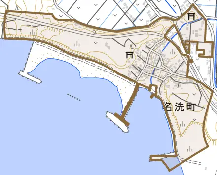 名洗町とその周辺の地図。町の範囲を重ねている