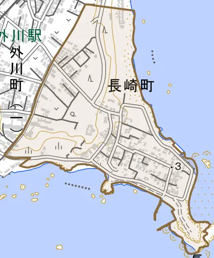 長崎町とその周辺の地図。町の範囲を重ねている
