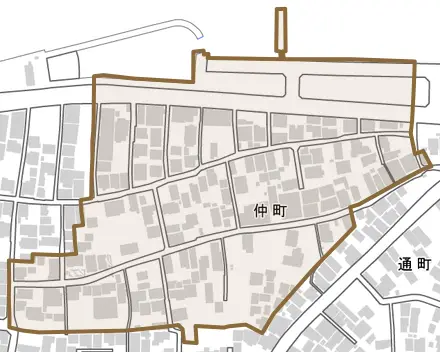 仲町とその周辺の地図。町の範囲を重ねている