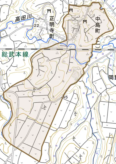 中島町とその周辺の地図。町の範囲を重ねている
