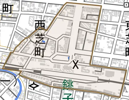 西芝町とその周辺の地図。町の範囲を重ねている