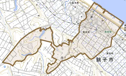 野尻町とその周辺の地図。町の範囲を重ねている