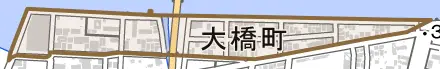大橋町とその周辺の地図。町の範囲を重ねている