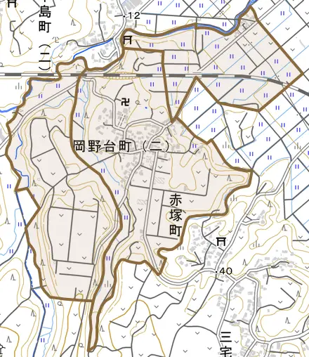 岡野台町とその周辺の地図。町の範囲を重ねている