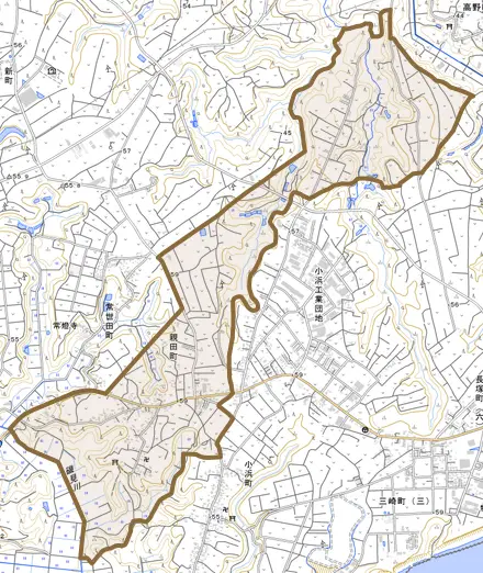 親田町とその周辺の地図。町の範囲を重ねている