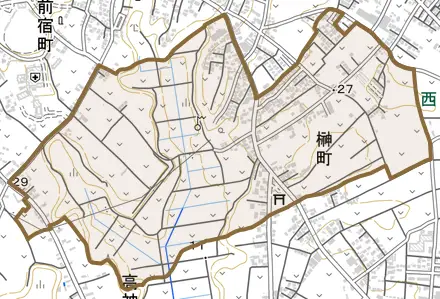 榊町とその周辺の地図。町の範囲を重ねている