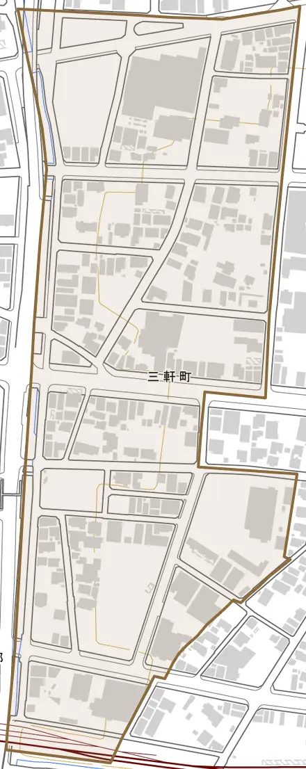 三軒町とその周辺の地図。町の範囲を重ねている