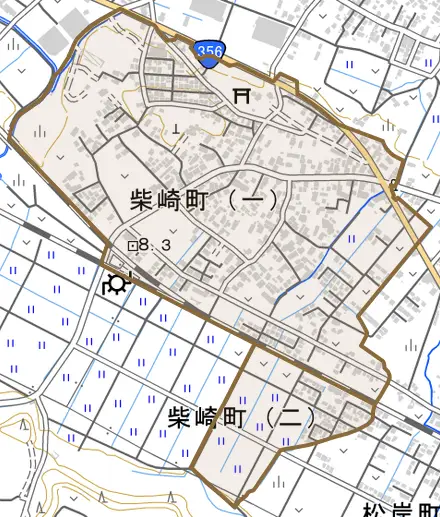 柴崎町とその周辺の地図。町の範囲を重ねている
