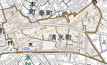 清水町とその周辺の地図。町の範囲を重ねている
