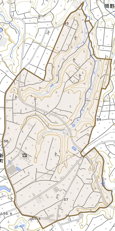 新町とその周辺の地図。町の範囲を重ねている