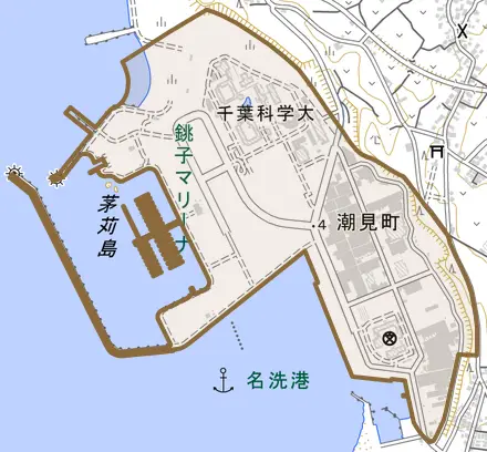 潮見町とその周辺の地図。町の範囲を重ねている