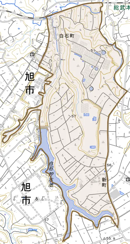 白石町とその周辺の地図。町の範囲を重ねている