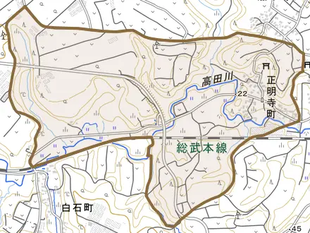 正明寺町とその周辺の地図。町の範囲を重ねている