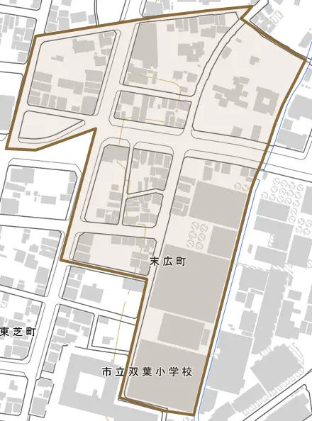 末広町とその周辺の地図。町の範囲を重ねている