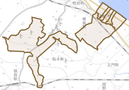 高田町とその周辺の地図。町の範囲を重ねている
