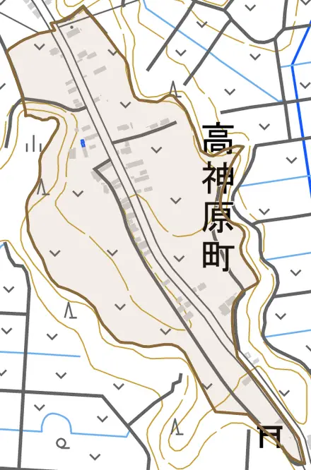 高神原町とその周辺の地図。町の範囲を重ねている