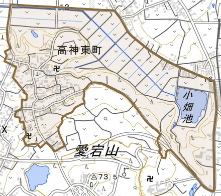 高神東町とその周辺の地図。町の範囲を重ねている