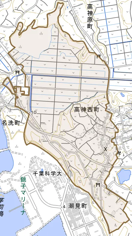 高神西町とその周辺の地図。町の範囲を重ねている